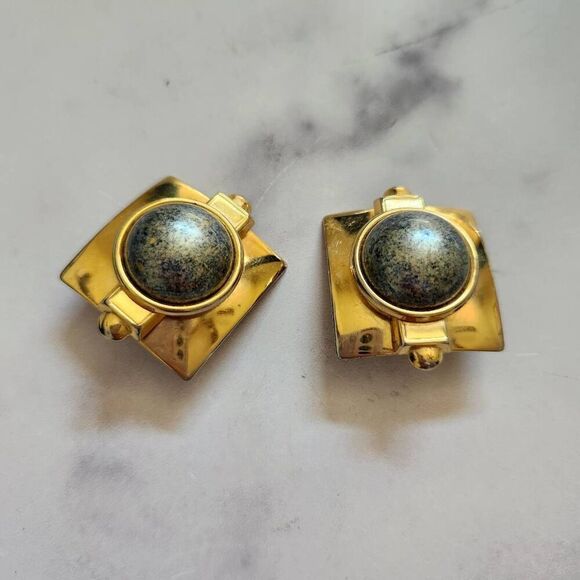 90s industrial gold chunky earrings green globe center robot futuristic retro - Picture 1 of 4